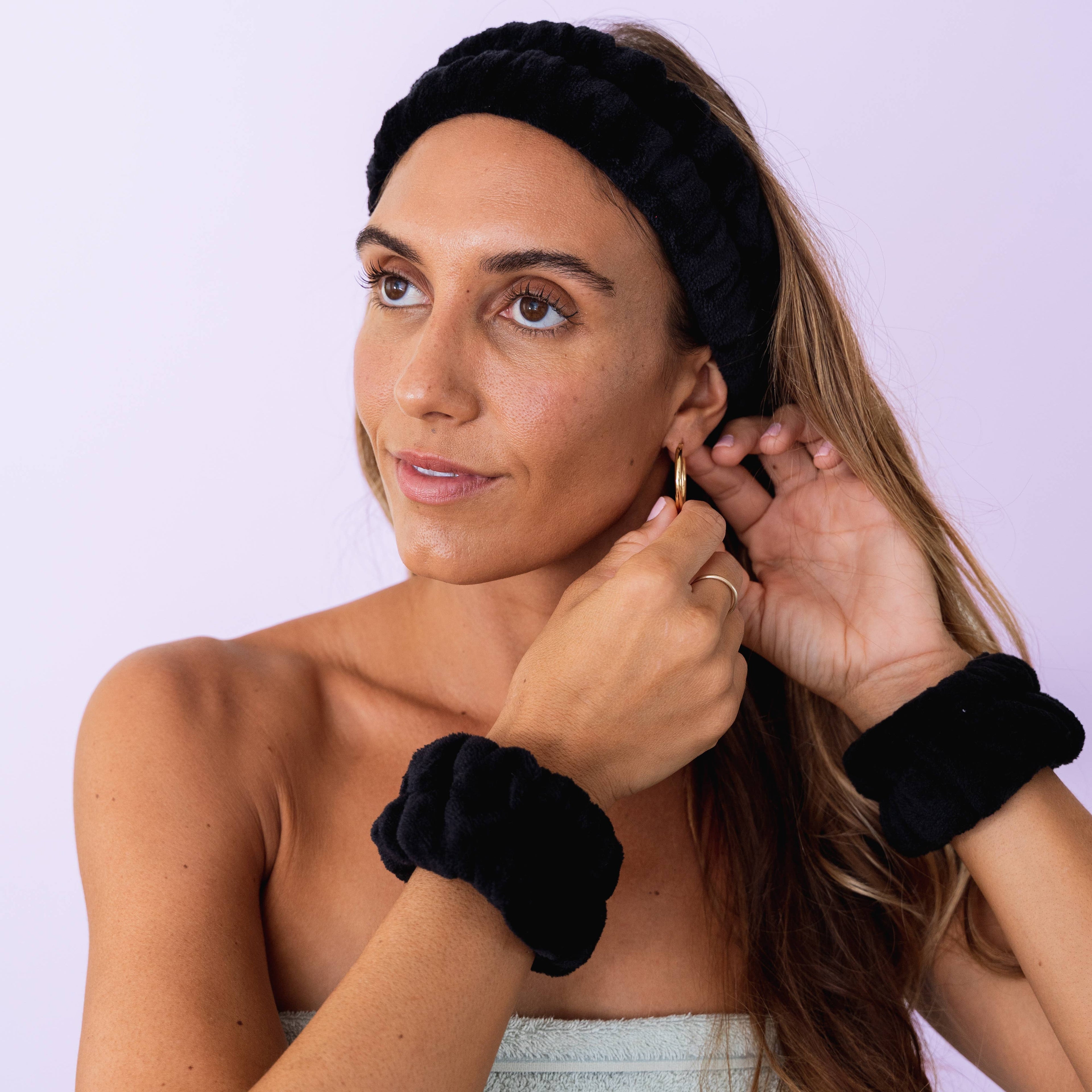 Spa Headband - Skincare Headband & Wristband Set: Black