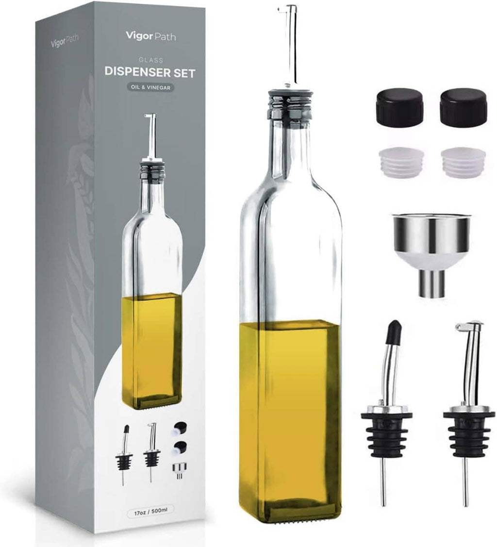 Glass Oil Dispenser - 17 oz/500ml Capacity - Oil and Vinegar Cruet Bottle with Pourers, Funnel, and Seal Caps - Elegant Decanter for Kitchen - Clear