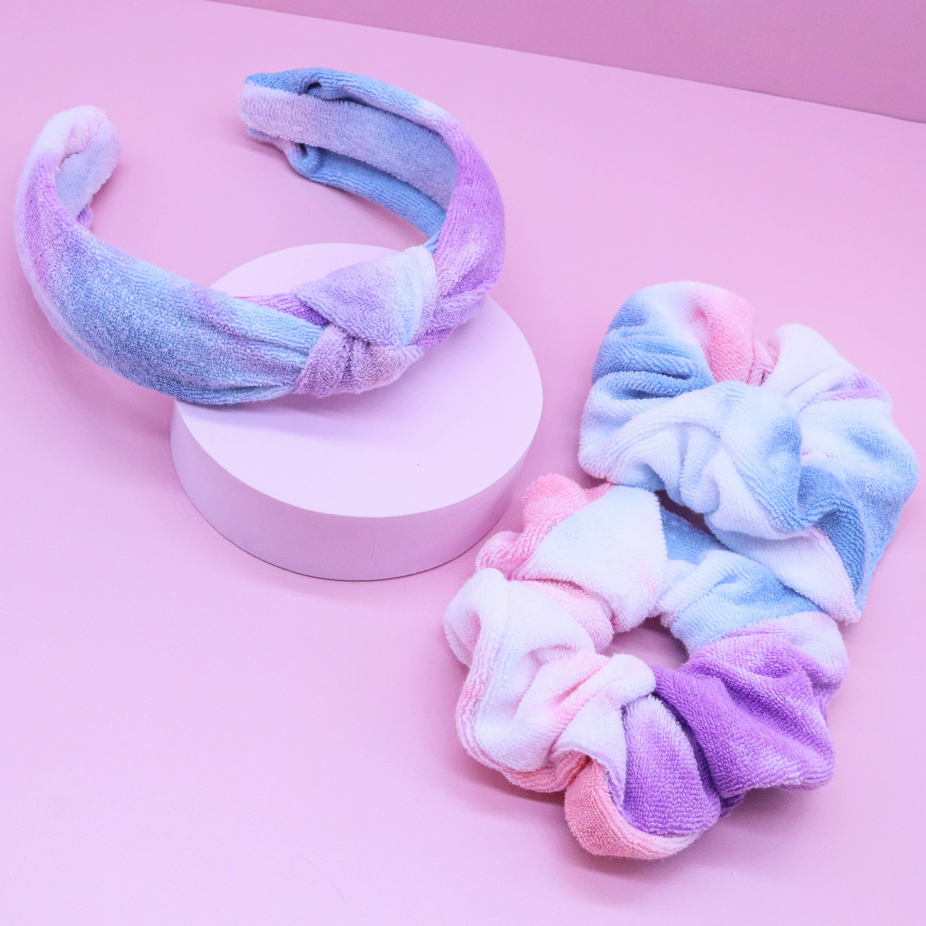 Spa Headband - Skincare Headband & Scrunchie Wristbands Set: Cotton Candy Tie Dye