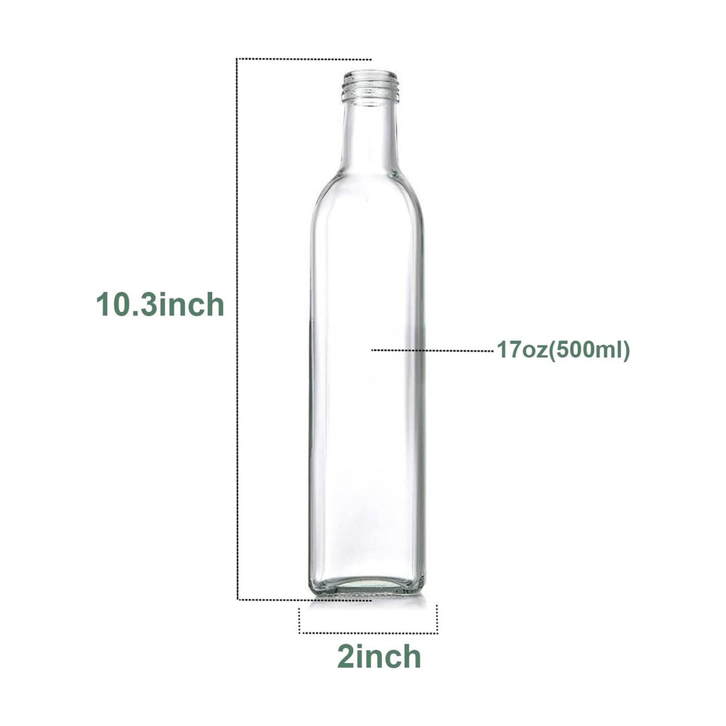 Glass Oil Dispenser - 17 oz/500ml Capacity - Oil and Vinegar Cruet Bottle with Pourers, Funnel, and Seal Caps - Elegant Decanter for Kitchen - Clear