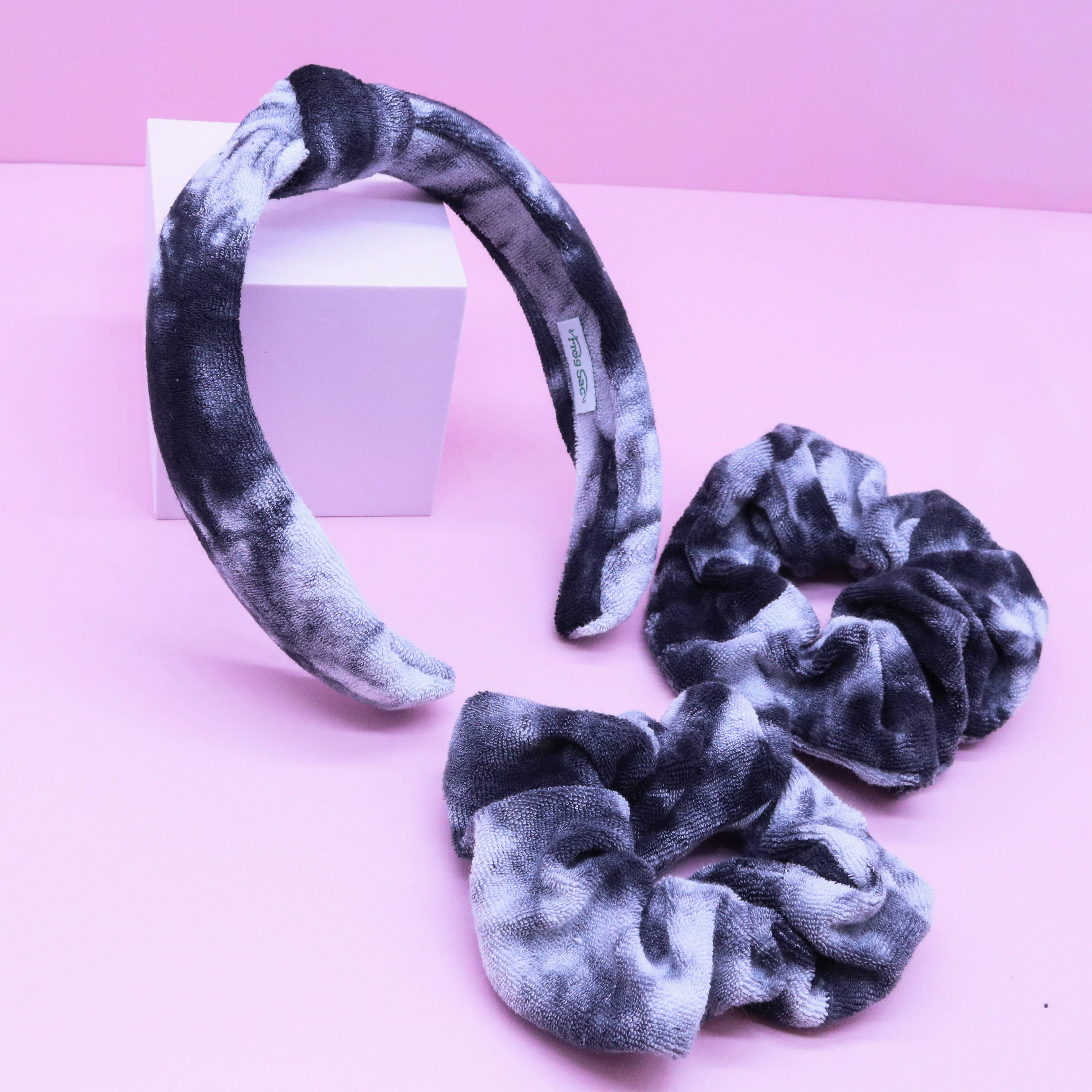Spa Headband - Skincare Headband & Scrunchie Wristbands Set: Black & White Tie Dye