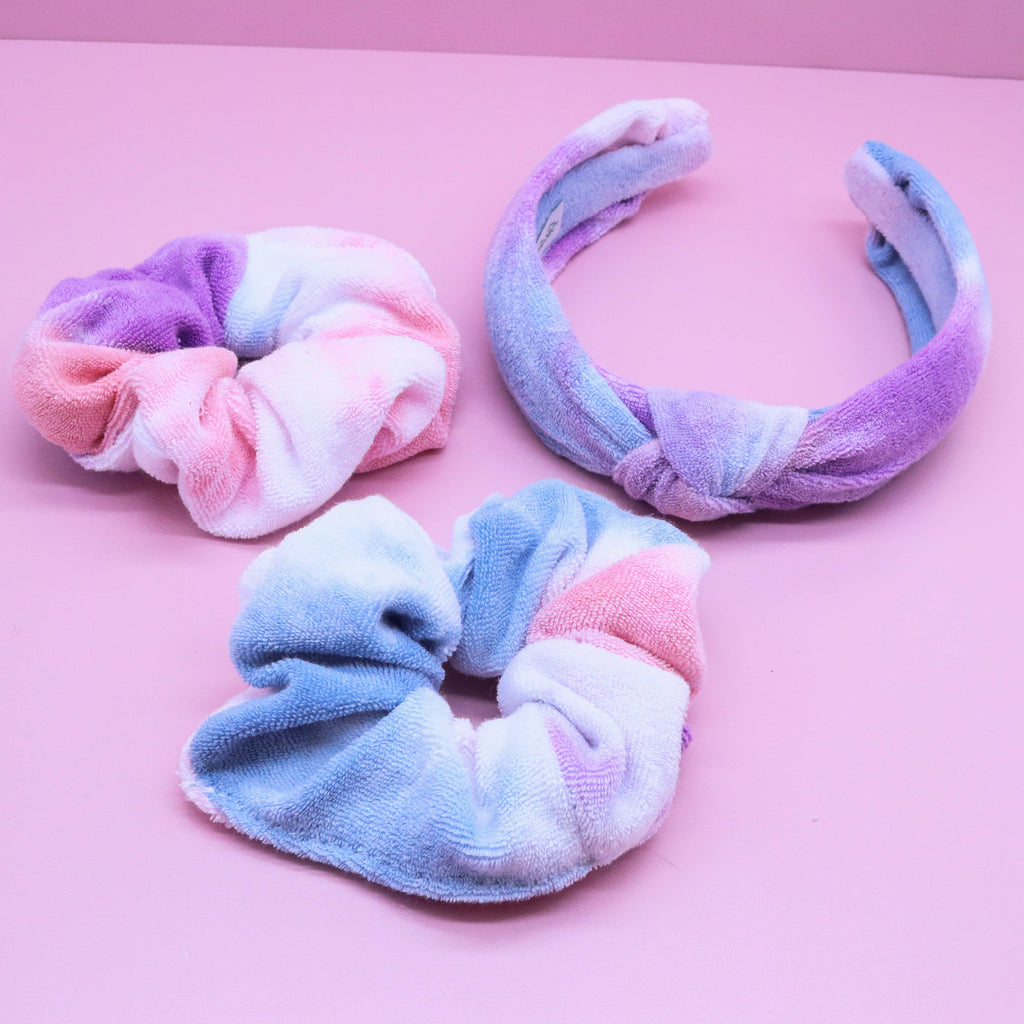 Spa Headband - Skincare Headband & Scrunchie Wristbands Set: Cotton Candy Tie Dye